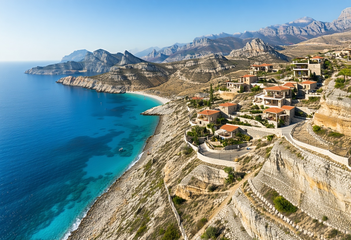 Antalya'nın Akdeniz kıyısından hava görüntüsü — sahil, çam ormanları ve konutlar