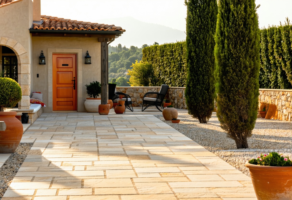 Çevresi selvi ağaçlarıyla çevrili, taş zeminli villa terası